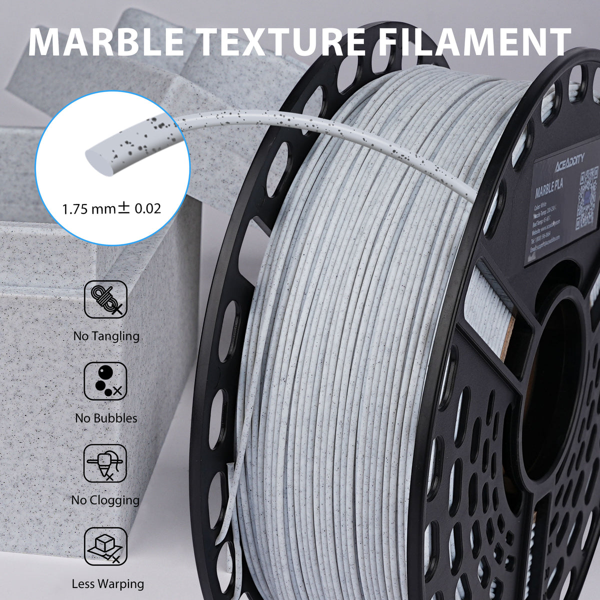 Marble PLA 3D Printer Filament, Stone-Like Texture, Dimensional Accuracy +/- 0.02 mm,1 kg Spool, 1.75 mm