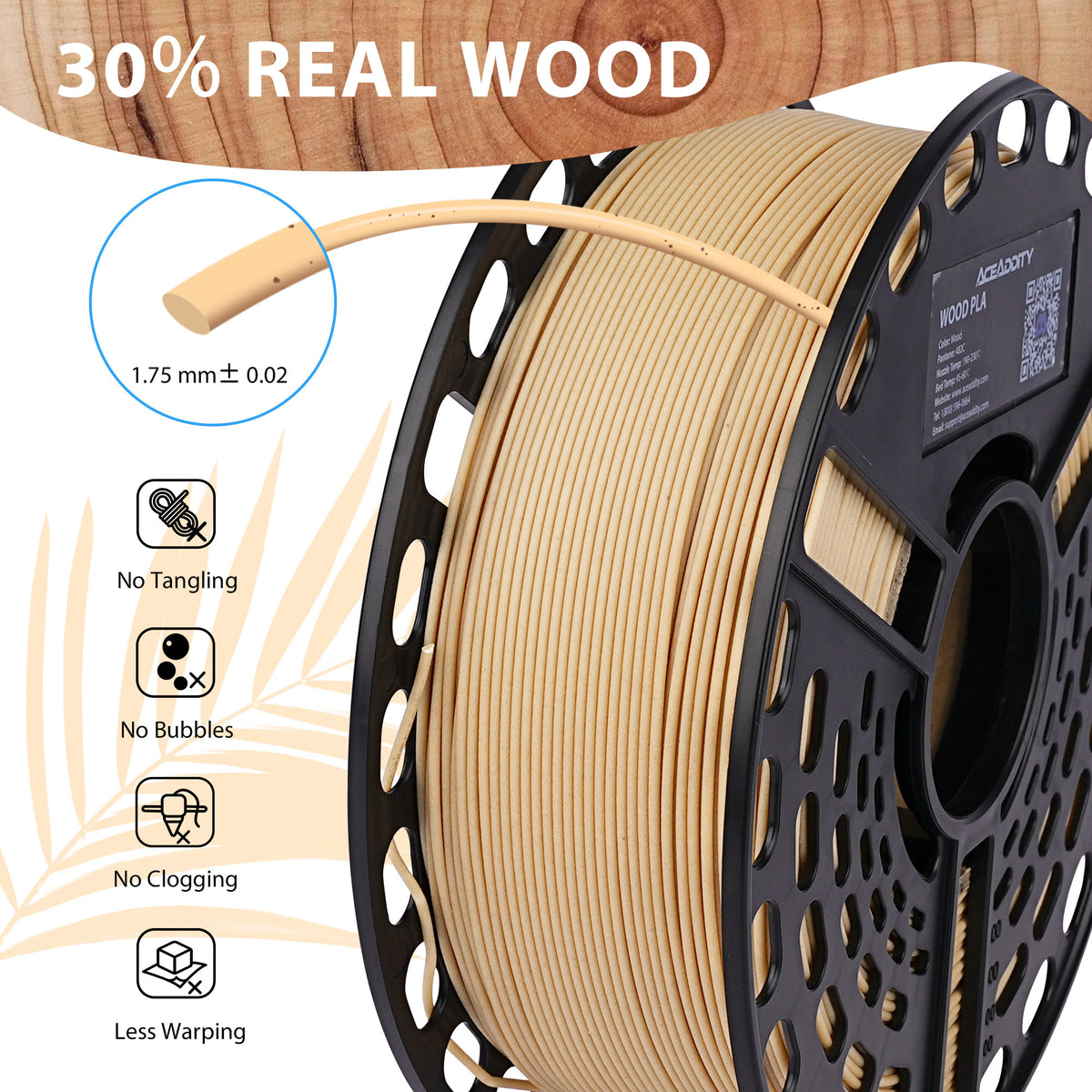 Wood PLA 3D Printer Filament, 30% Real Wood, Dimensional Accuracy +/- 0.02 mm, 1 kg Spool, 1.75 mm
