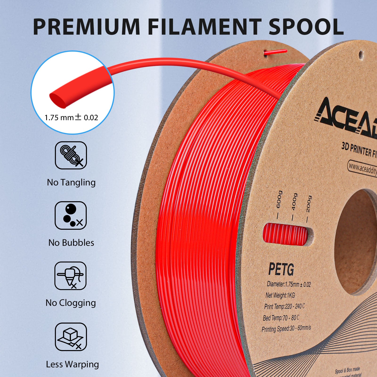Aceaddity PETG Filament 1.75mm, 1kg Strong PETG 3D Printer Filament Di