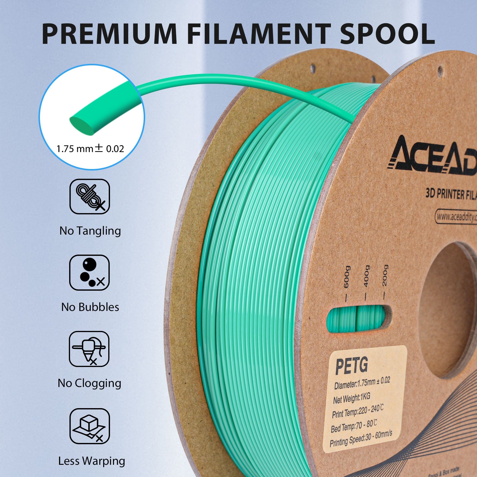 Aceaddity PETG Filament 1.75mm, 1kg Strong PETG 3D Printer Filament Dimensional Accuracy +/- 0.03mm